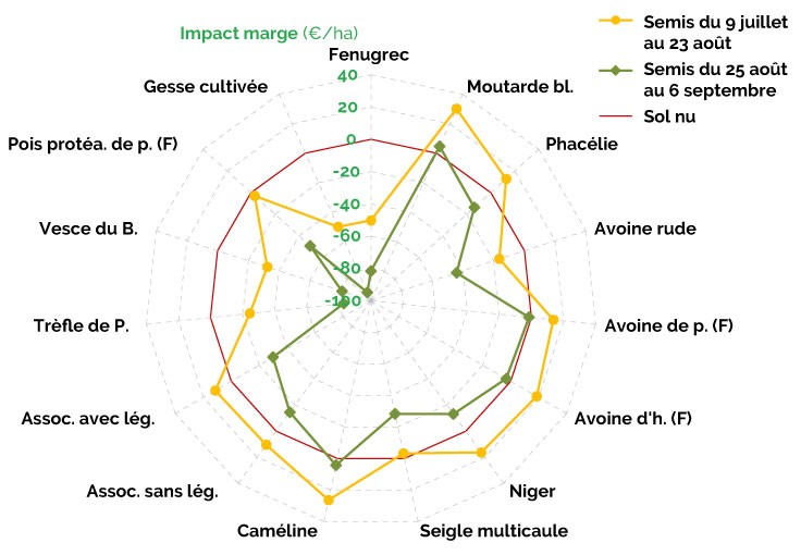 Impact des couverts sur la marge directe par rapport à un sol nu, selon les espèces semées et la date de semis. 